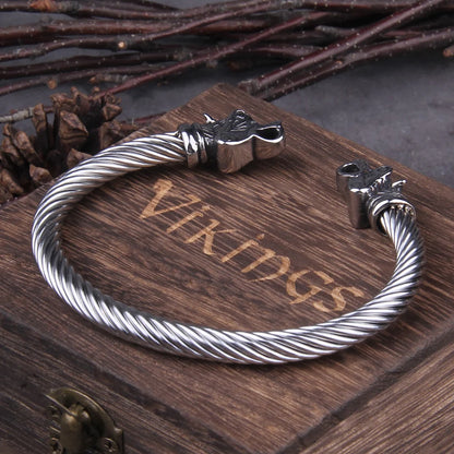 Stainless Steel Nordic Viking Norse Bear Bracelet Adjustable Men Wristband Cuff Bracelets with Viking Wooden Box
