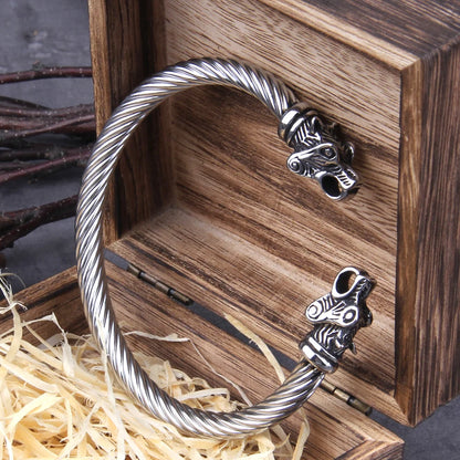 Stainless Steel Nordic Viking Norse Bear Bracelet Adjustable Men Wristband Cuff Bracelets with Viking Wooden Box